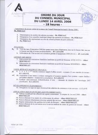CONSEIL MUNICIPAL, PLU le 14 AVRIL DEMOCRATIE PARTICIPATIVE : DOCUMENTS AU DERNIER MOMENT ORDRE_DU_JOUR_CONSEIL_MUNICIPAL_ANDERNOS_14_AVRIL_2008