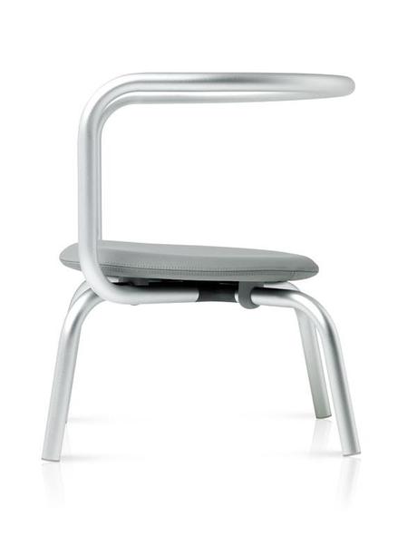 Emeco Parrish furniture - chair, short silver frame with grey uphostered seat
