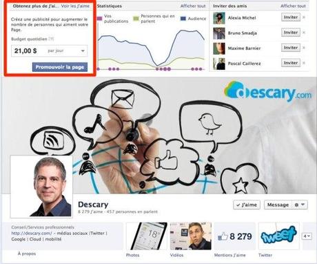 Facebook vous incite à créer une publicité pour augmenter le nombre de j’aime sur votre Page facebook mention jaime publicite Facebook vous incite à créer une publicité pour augmenter le nombre de j’aime sur votre Page