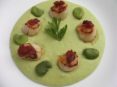 CREME DE FEVES ET ST JACQUES POELEES A LA SOBRASADA 080412 saint jacques sobrasada et crème de fèves 005