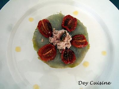 Défi My/Dey : Millefeuilles d'artichaut au thon & tomates confites.