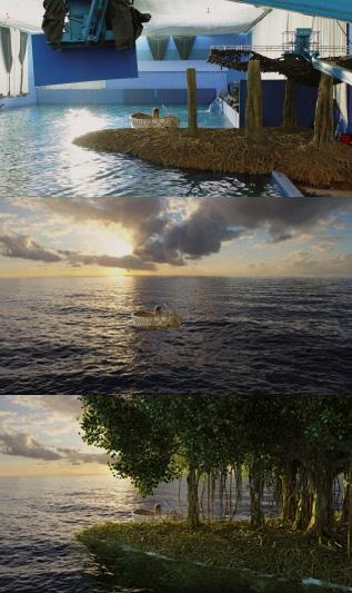 Décomposition d'une image du film : la prise de vue, le rendu de l'océan et la vue finale