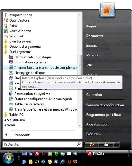 Lancer Internet Explorer 7 sans contrôles ActiveX et sans extensions de navigateur