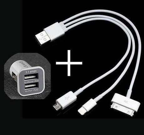 Pack Mini Chargeur Allume-cigare USB Duo et Cable USB 4 en 1 (Micro USB, Samsung Galaxy Tab, iPhone et Lightning)