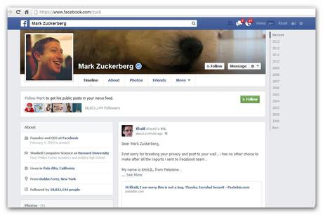 zucktimeline Facebook ignore une faille de sécurité : il poste directement sur la page de Zuckerberg...