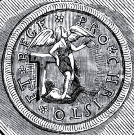 Emblème de La Rochelle lors de la décennie de sa sécession effective. La devise « Pour Christ et le Roi » témoigne de la conception abstraite qu'épousaient les huguenots sur le pouvoir civil : celui-ci ne repose pas en la personne du roi, mais dans le Droit.