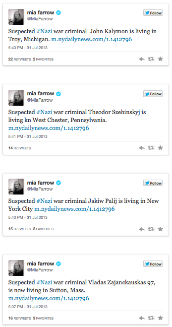 Mia Farrow chasseur de nazis sur Twitter