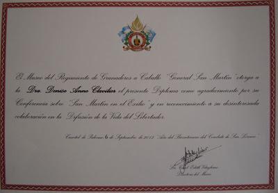 Diplôme d'honneur du Musée du Régiment des Grenadiers à Cheval [Activités Barrio de Tango]