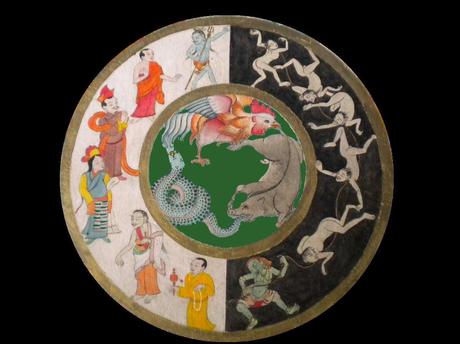 Centre de la Roue de la vie (du karma) bouddhiste... Trois animaux sont représentés au centre de la roue. Ils correspondent aux 3 poisons. Il s'agit d’un coq, d’un serpent et d’un cochon qui représentent le désir, la haine et l’ignorance, chaqu'un nourrit par l'autre...
