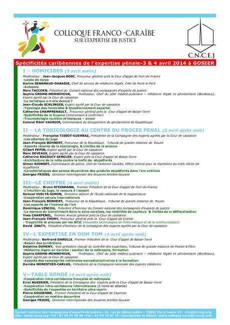 Programme 3_4 avril Colloque Franco-caraïbe : Spécificités caribéennes de l’expertise pénale-3 & 4 avril 2014 à GOSIER