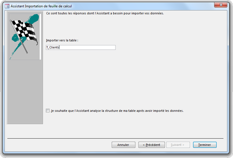 Choix du nom de la table Access