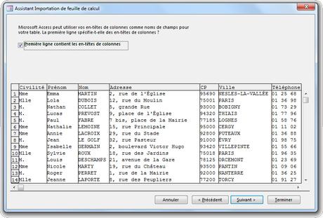 Première ligne contient les en-têtes de colonnes