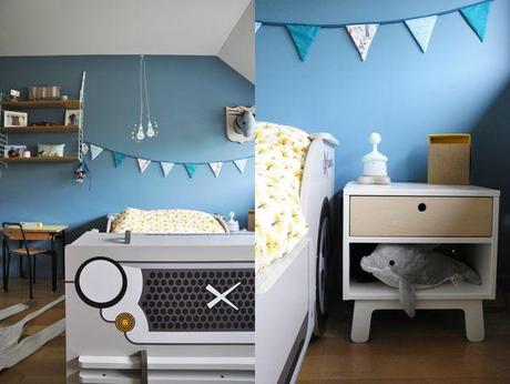 Chambre de petit garçon avant/après. chevet sparrow œuf