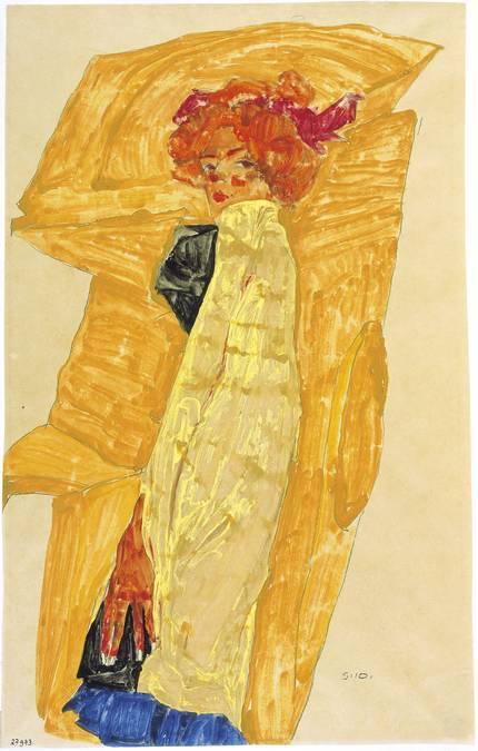 Egon Schiele, Gerti sur fond de draperie ocre, 1910, Crayon et couleurs opaques sur papier japonais. 55.1 x 34.7 cm