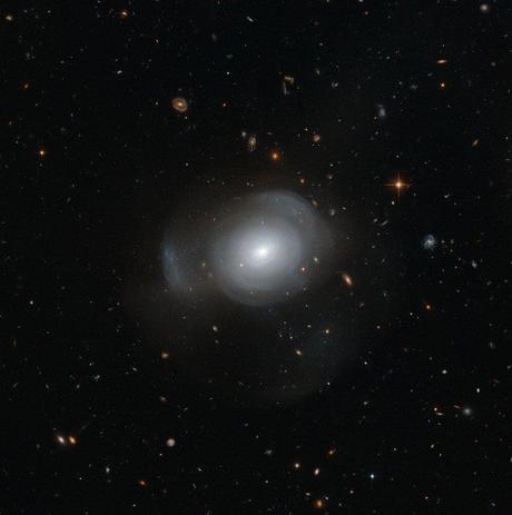 Distante de 350 millions années-lumière, la galaxie elliptique PGC 6240. Des milliers d'autres galaxies, plus éloignées encore, remplissent l'arrière-plan. Téléchargez l’image en très haute résolution (3,8 Mb).