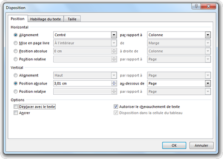 Autres options de disposition - Déplacer avec le texte