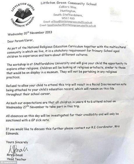 Un enfant « raciste » pour refus d’éducation religieuse multiculturelle lettre