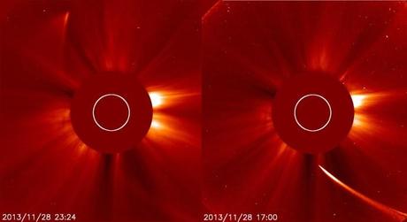 Comète et queue de poussière avant et après le périhélie