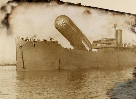 A view of the H.M.S Canning and its observation balloon in 1918.No Credit Given