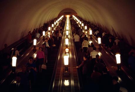 Commuters travel on a four-lane escalator in Moscow’s subway system, March 1966.Photograph by Dean Conger, National Geographic