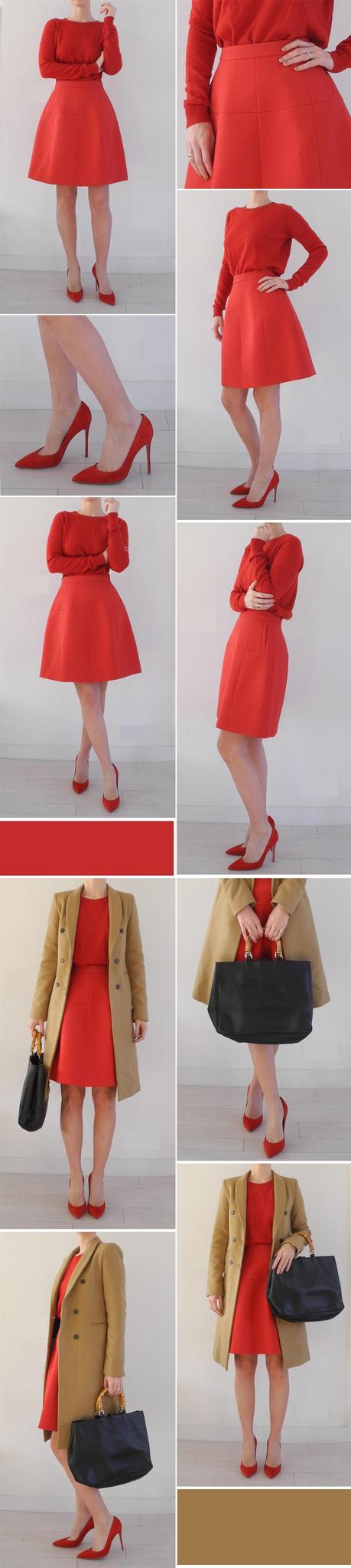 Tenue monochrome rouge avec une touche de beige