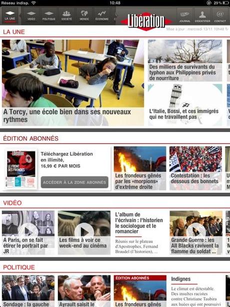 L'application de Libération fonctionne grâce à des bandes glissantes qui correspondent aux rubriques. L'application de Libération fonctionne grâce à des bandes glissantes qui correspondent aux rubriques.