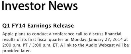 Apple : résultats financiers du Q1 2014 publiés le 27 janvier Resultats Apple premier trimestre 2014 le 27 Janvier