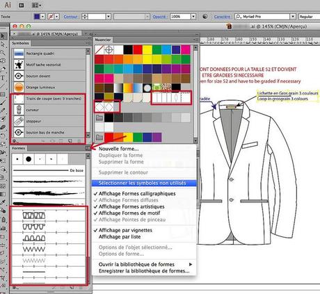 Les palettes spécifiques à un document Illustrator à savoir: nuancier, styles, formes et symboles