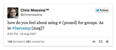 Tweet de Chris Messina proposant d'utiliser les hashtags sur Twitter