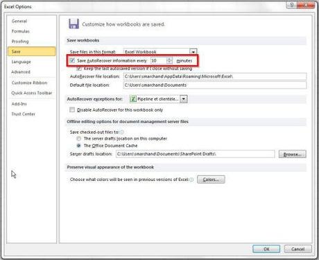 Options Excel sauvegarde