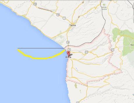 Carte indiquant approximativement la zone de conflit entre le Chili et le Pérou (fond de carte Google Map)