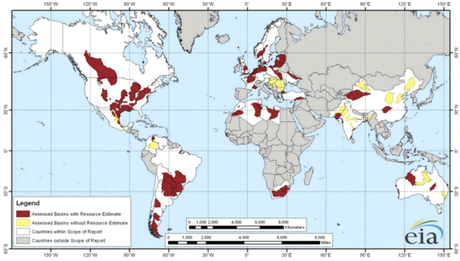 Distribution mondiale des réserves en gaz de schiste