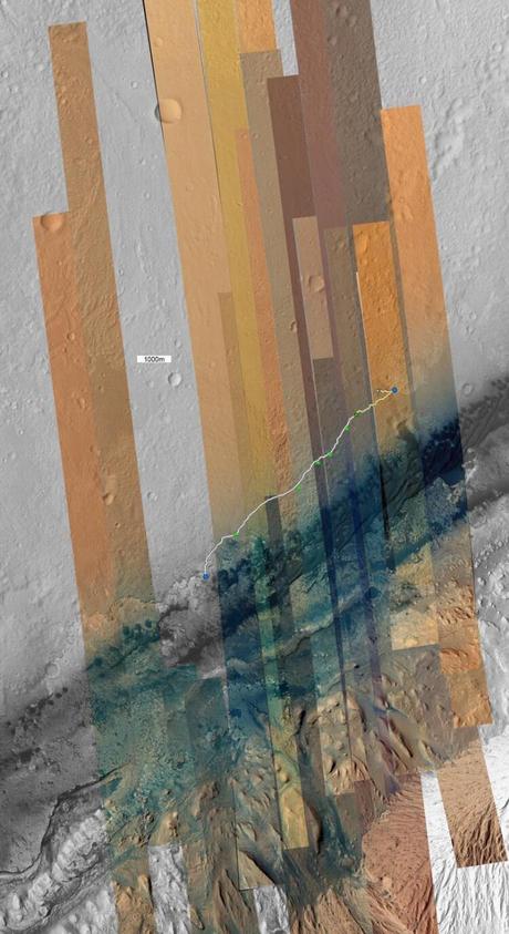 Parcours de Curiosity depuis dans le cratère Gale le 6 août 2012
