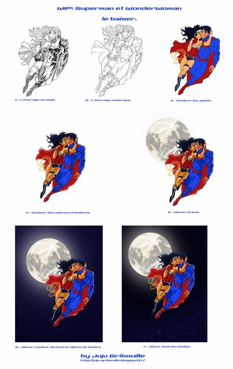 WIP - Le baiser de Superman et WonderWoman - étape par étape