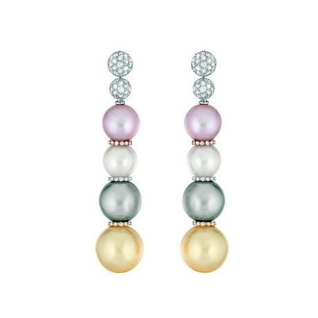 Boucles d'oreilles « Perles Swing » en or blanc, jaune et rose 18 carats, diamants, perles de culture des Mers du Sud, de Tahiti et d'eau douce.  