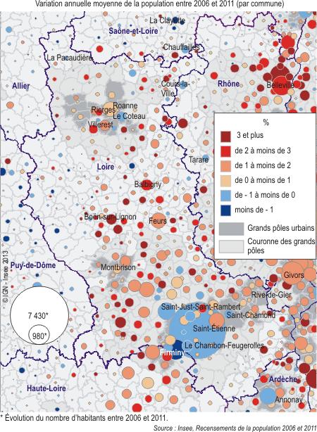 carte population lettre RP Loire LINSEE et la diagonale du vide
