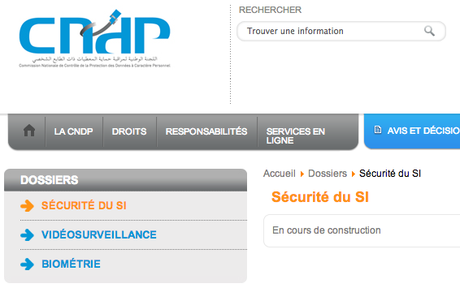 Section sécurité des S.I sur le site de la CNDP Maroc le 28/02/2014