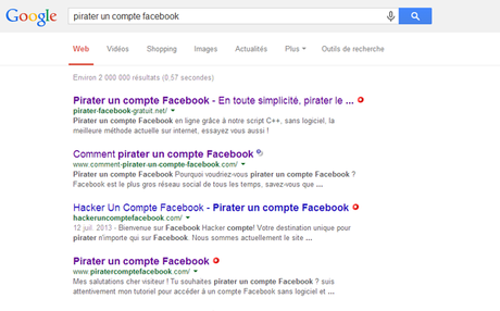 resultat google pirater compte facebook1 Comment vraiment pirater un compte Facebook ?