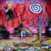 Galerie de peinture Marie BAZIN, artiste peintre résidant en Corrèze, Limousin, France. Art singulier, Néo-surréalisme, technique mixte sur toile, poissons, spirales, couleurs, collages