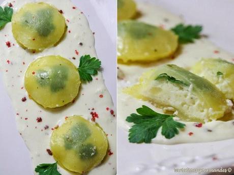 Pommes de terre en ravioles, crème au Taleggio Pommes de terre en ravioles, crème au Taleggio