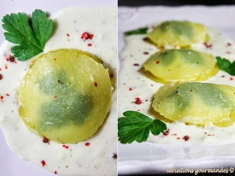 Pommes de terre en ravioles, crème au Taleggio Pommes de terre en ravioles, crème au Taleggio