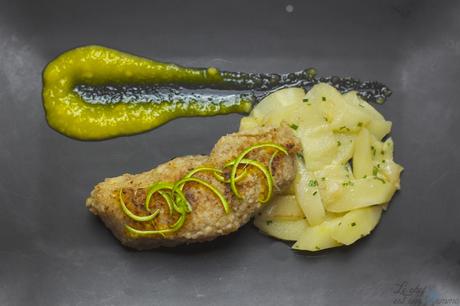 Pavé de cabillaud en croûte de noix de macadamia et son panais confits, accompagné d’un coulis de mangue Cabillaud macadamia 11