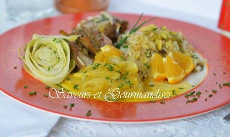 Effilochée d’Endives à l’Orange,  Canard Safrané et Riz Oriental.