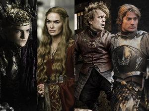 Les représentants des maisons Stark (Ned et Jon Snow), Targaryen (Daenerys)  et Lannister (Joffrey, Cersei, Tyron, Jamie).