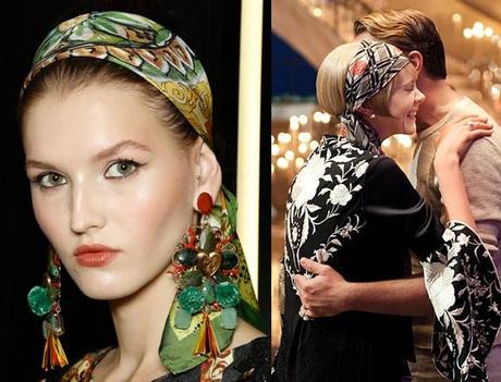 bandana foulard-carré-femme-coiffure-cheveux-noeud-chic-bandana-mode-vintage-bijou-boucle-oreilles-paris-couture-dolce-gabbana-spring-2013-carey-mulligan-luhrmann-great-gatsby-fleurs-baroque-rayures-comtesse-sofia-chales