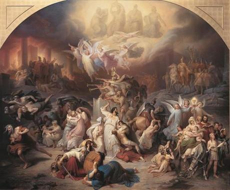 Des anges guident les chrétiens de Jérusalem en sûreté à Philadelphie (en actuelle Jordanie) tandis que les Romains dévastent la ville. — par Wilhelm von Kaulbach (1846)