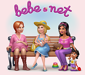Logo bebe.net, 3 mamans de bébés discutent sur un banc