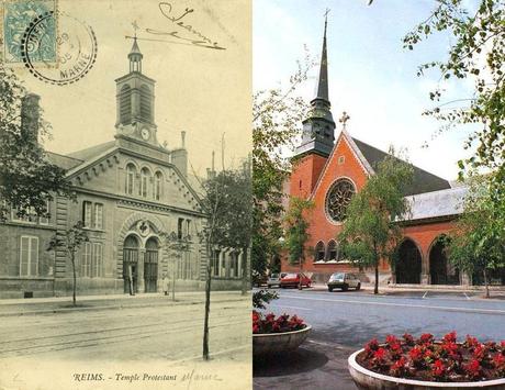 Le Temple Protestant, avant 1914... et le Temple reconstruit en 1921.