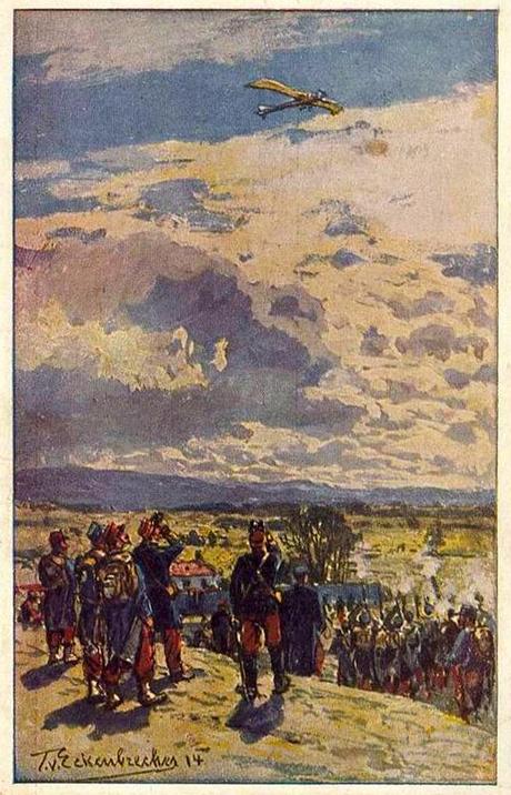 Les Taubes ne viennent plus nous voir ! Carte allemande montrant un Taube survolant les lignes françaises.