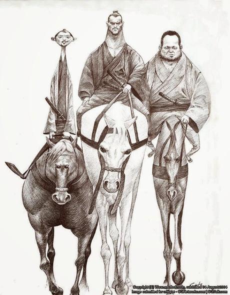 illustration de Bobby Chiu représentant 3 ronins sur leur chemin à l'état de crob'art